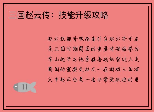 三国赵云传：技能升级攻略
